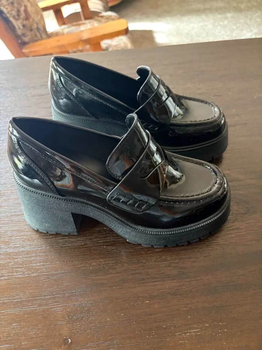Soda Black Patent Chunky Heel Loafers